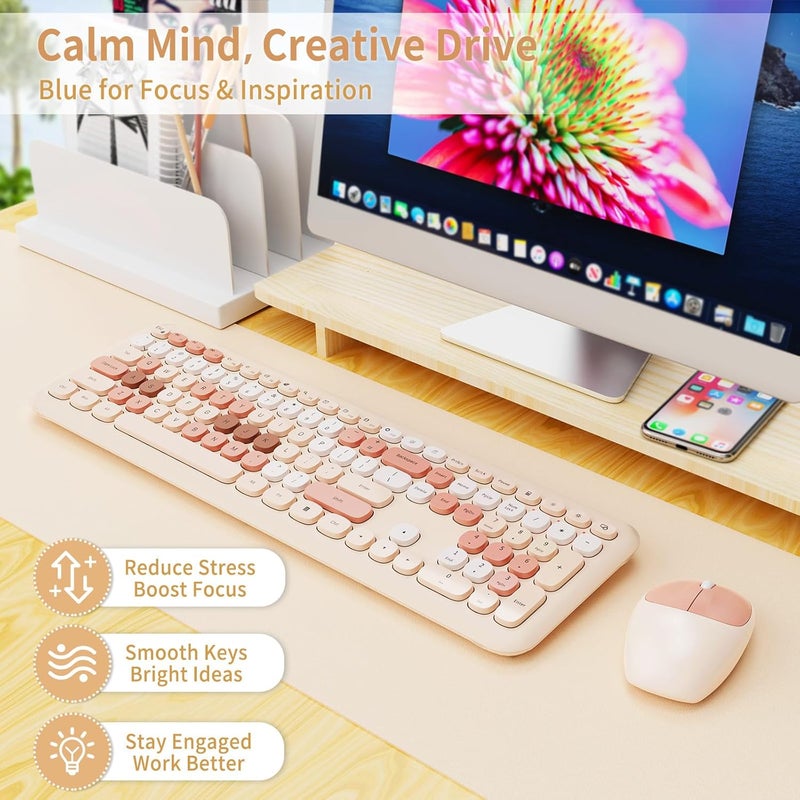 Nowlike Wireless Keyboard and Mouse Combo, Retro Typewriter Keyboard with Round Keycaps, Full-Size Ergonomic, Brown, Ideal for Windows PC, Home, Office, and College, Wireless Keyboard Mouse Combo - Image 2